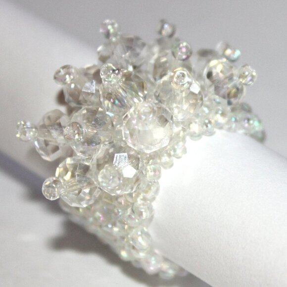 Clear White Aurora Borealis Faceted Crystal Seed Bead One Size Stretch Ring 7-10 - Picture 3 of 5